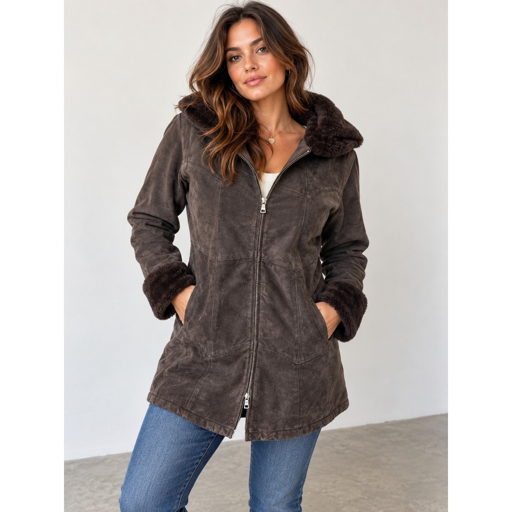 Covington Hooded Faux Fur Suede Leather Winter Coat Size M Retro 70s Vtg Y2K